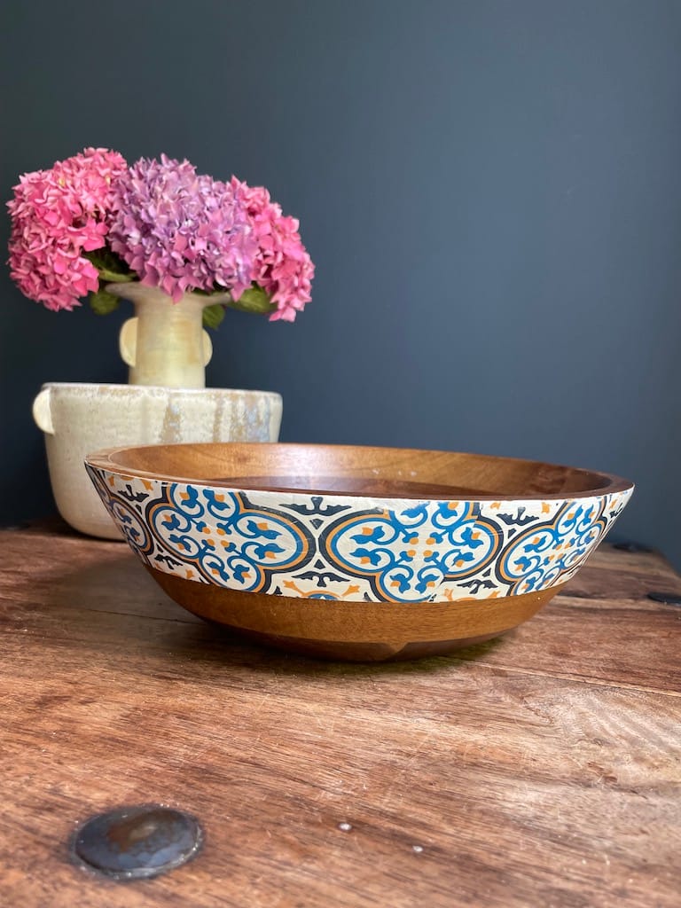 Nanna Blue tile painted-effect acacia wood bowl - Mediterranean home decor by Bonnymia