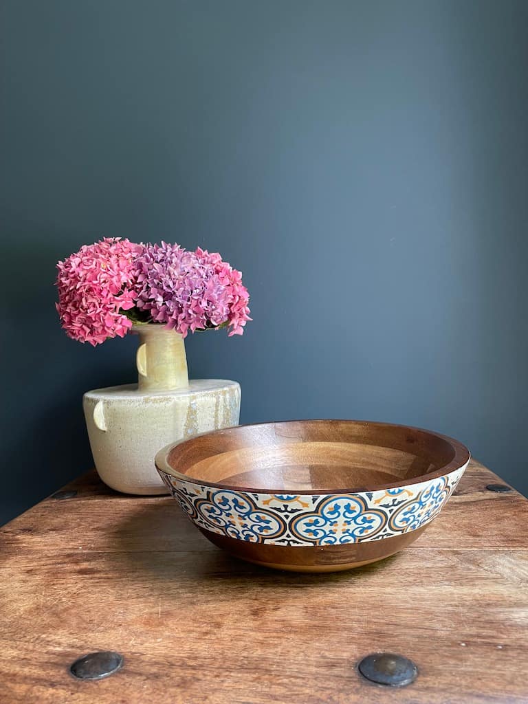 Nanna Blue tile painted-effect acacia wood bowl - Mediterranean home decor by Bonnymia
