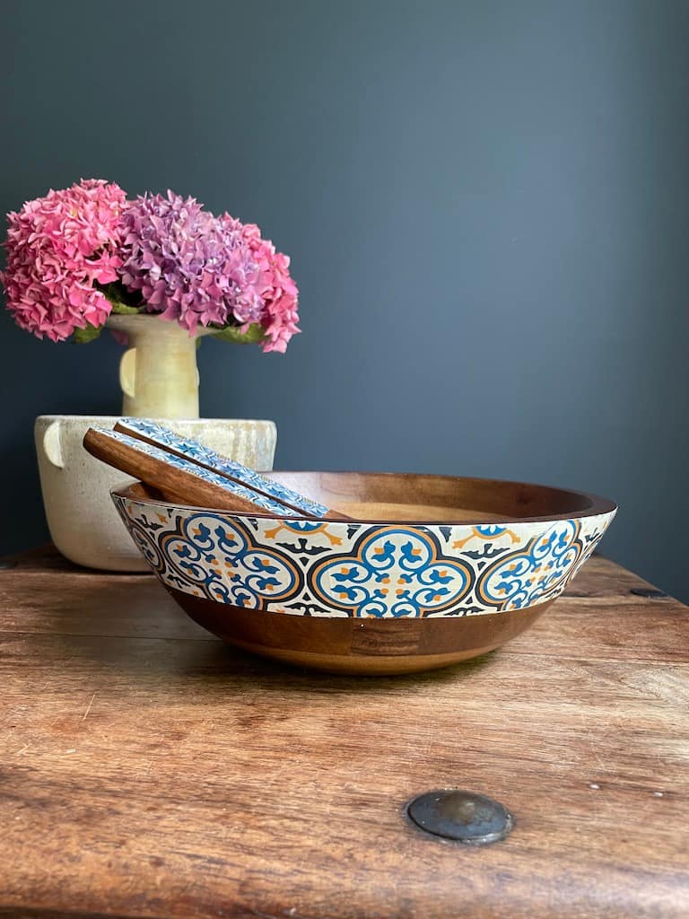 Nanna Blue tile painted-effect acacia wood bowl - Mediterranean home decor by Bonnymia