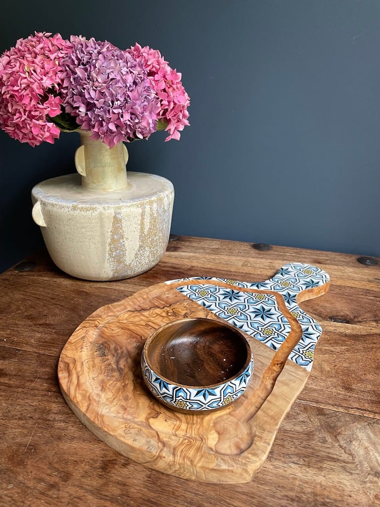 Loire Star tile painted-effect monkey pod wood snack bowl - Mediterranean home decor by Bonnymia