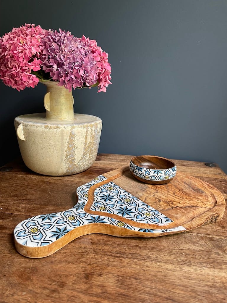 Loire Star tile painted-effect monkey pod wood snack bowl - Mediterranean home decor by Bonnymia