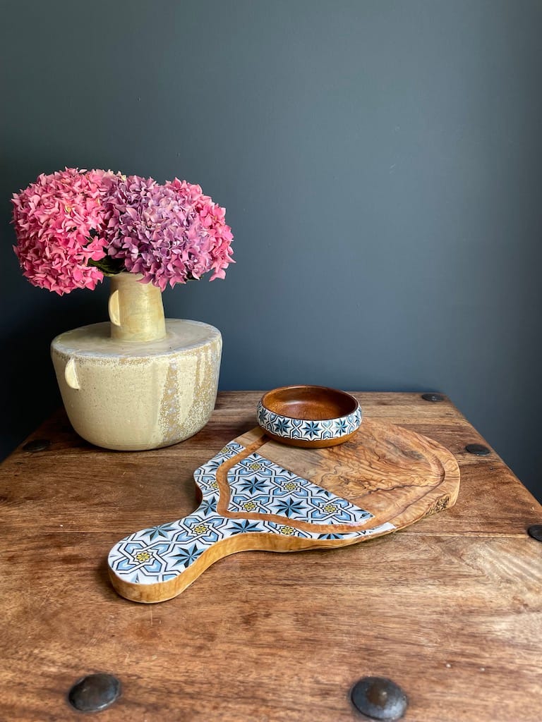 Loire Star tile painted-effect monkey pod wood snack bowl - Mediterranean home decor by Bonnymia