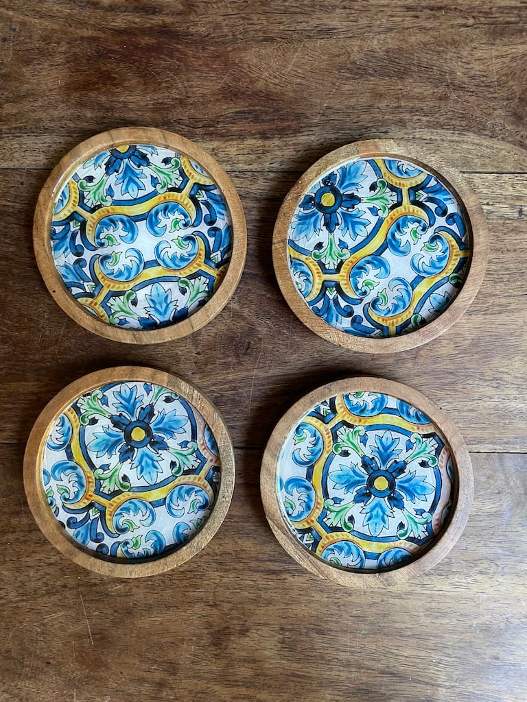 Blue Spanish tile painted-effect acacia wood coasters - Mediterranean home decor by Bonnymia