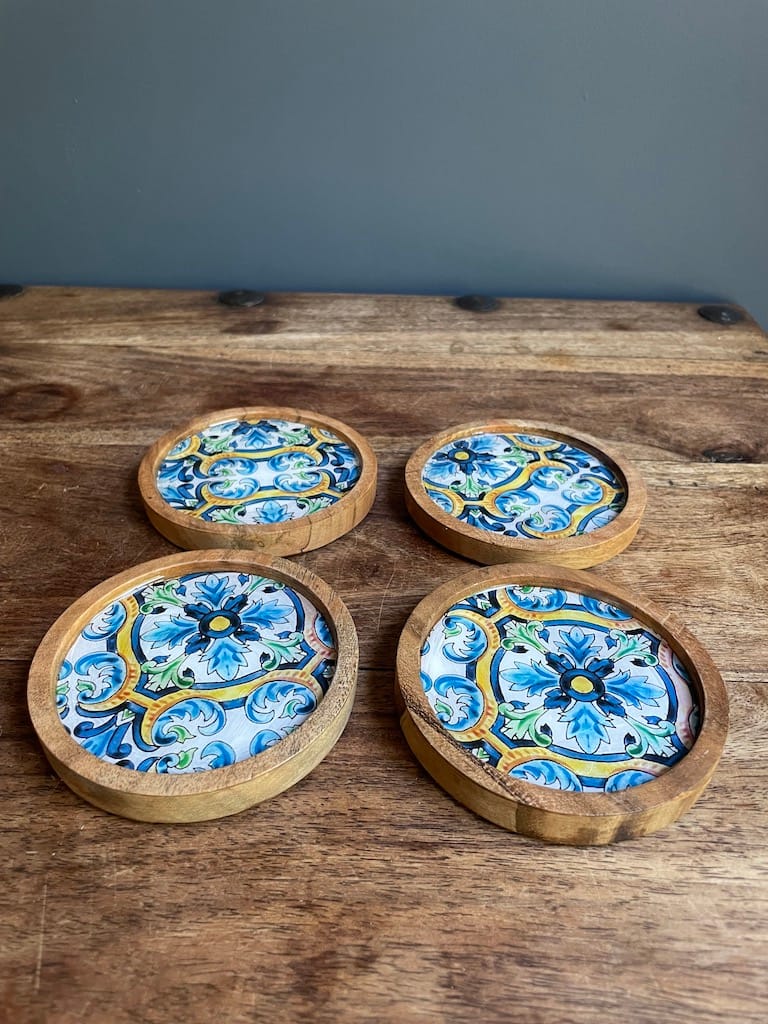 Blue Spanish tile painted-effect acacia wood coasters - Mediterranean home decor by Bonnymia