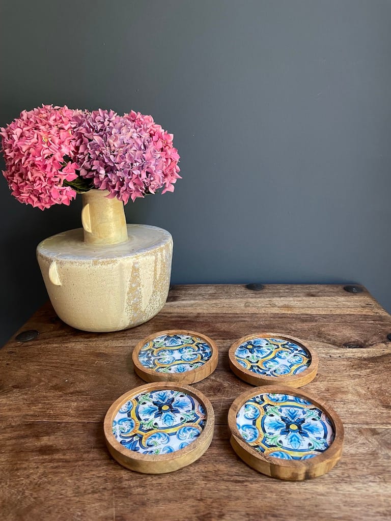 Blue Spanish tile painted-effect acacia wood coasters - Mediterranean home decor by Bonnymia