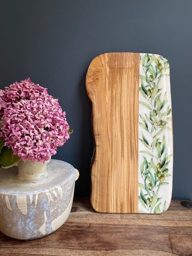 Olive Branch painted-effect olive wood charcuterie board - Mediterranean home decor by Bonnymia