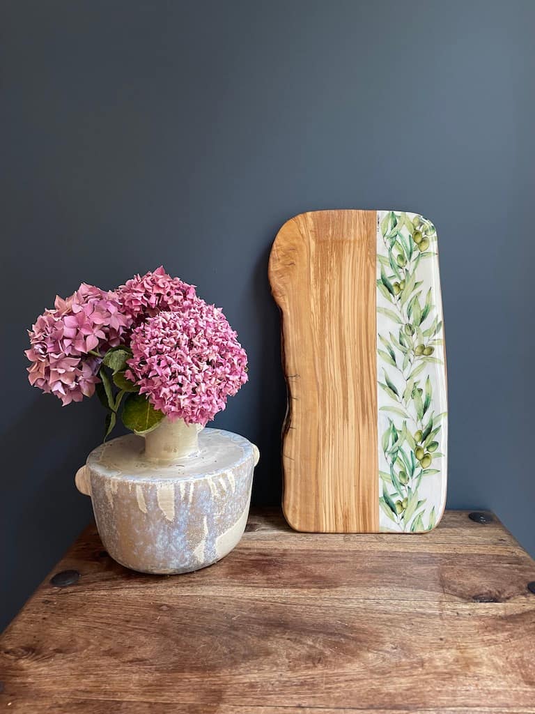 Olive Branch painted-effect olive wood charcuterie board - Mediterranean home decor by Bonnymia