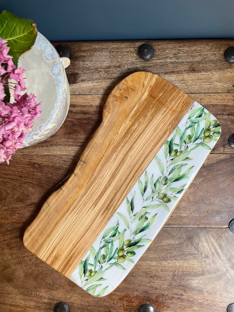 Olive Branch painted-effect olive wood charcuterie board - Mediterranean home decor by Bonnymia