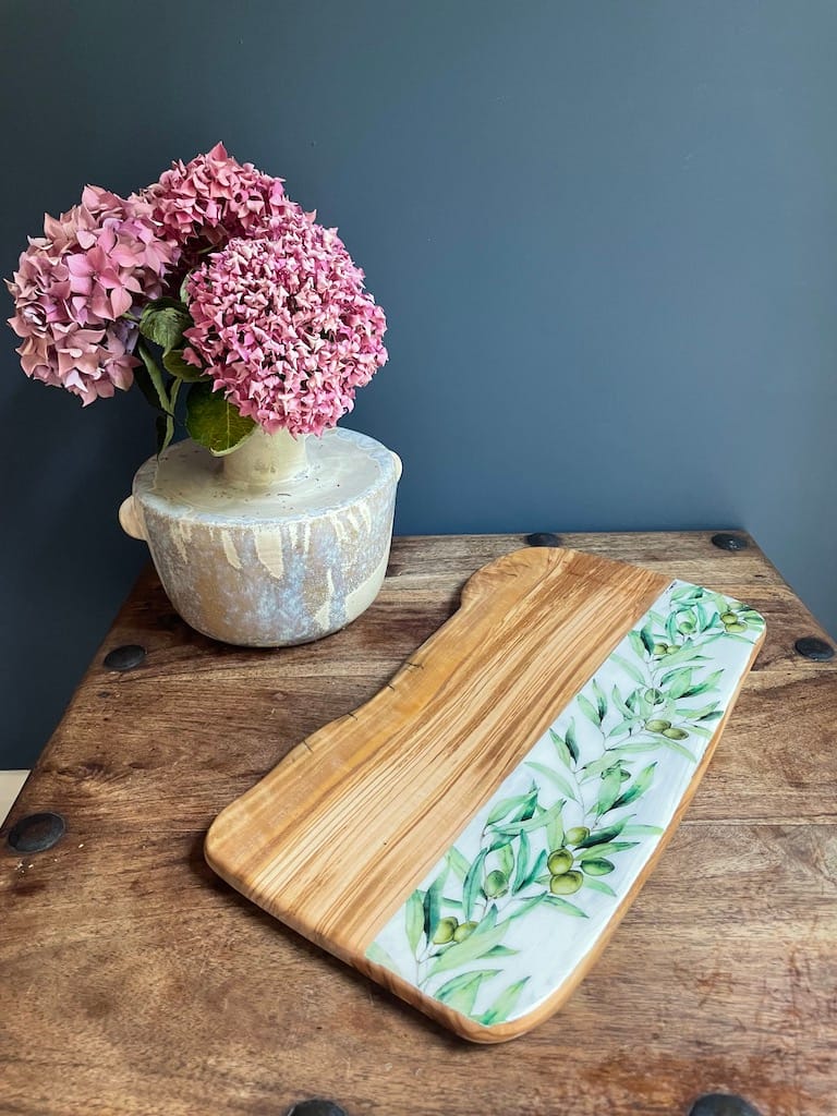 Olive Branch painted-effect olive wood charcuterie board - Mediterranean home decor by Bonnymia
