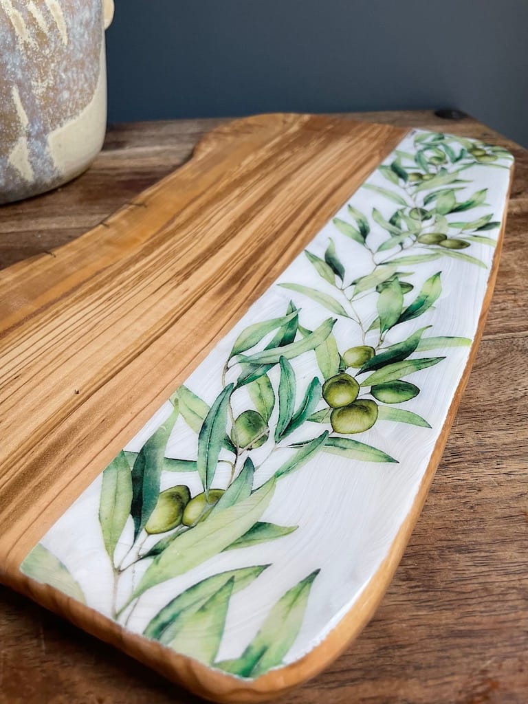 Olive Branch painted-effect olive wood charcuterie board - Mediterranean home decor by Bonnymia