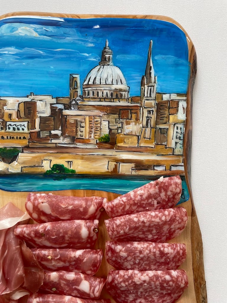 Hand-painted Valletta view from Sliema charcuterie board, olive wood - Mediterranean home decor by Bonnymia