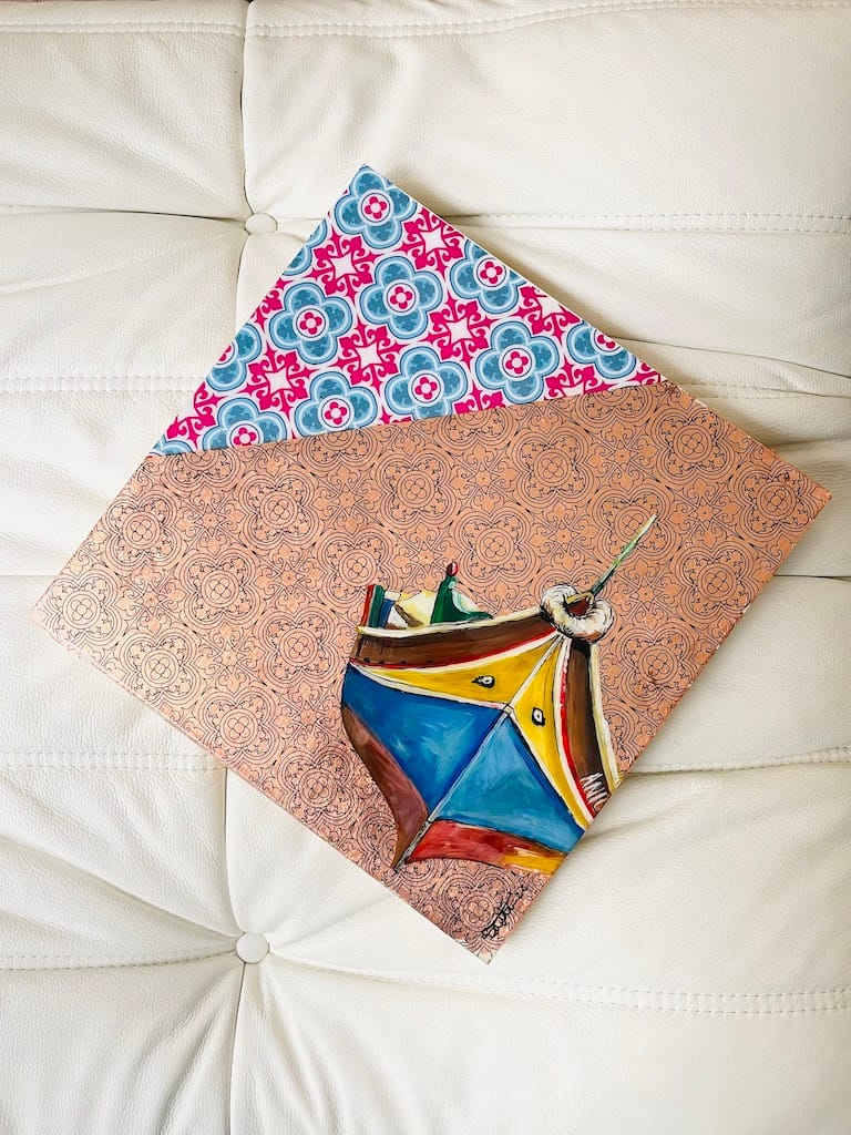 Hand-painted Luzzu boat and tile wood hanging board - Mediterranean home decor by Bonnymia