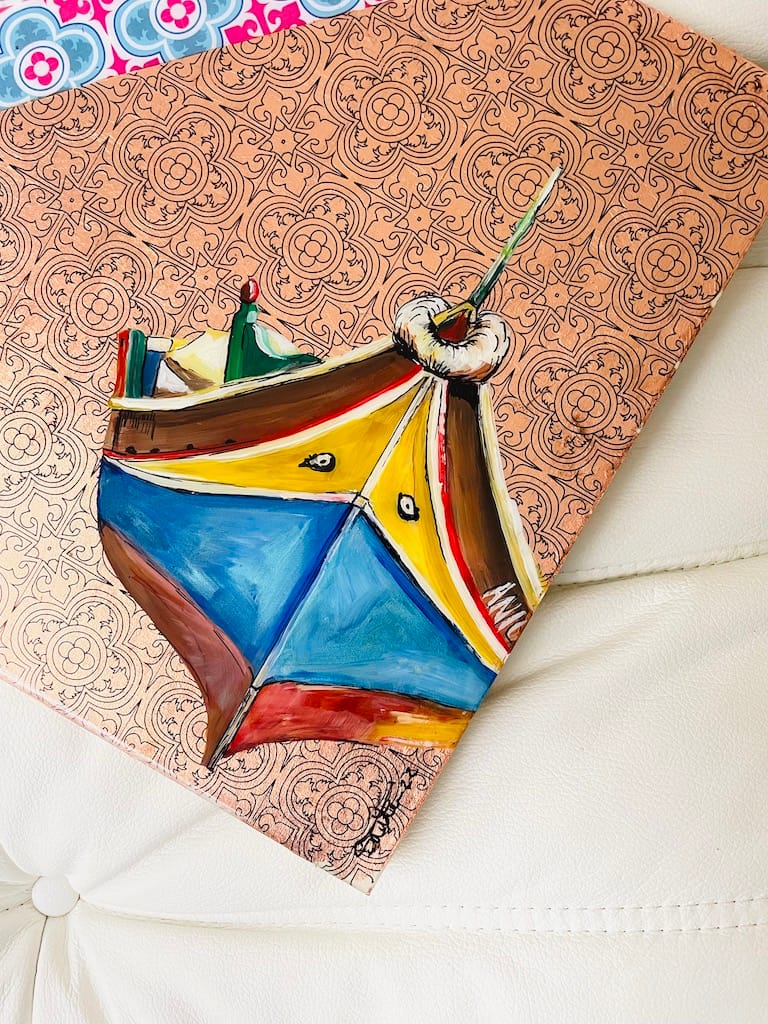 Hand-painted Luzzu boat and tile wood hanging board - Mediterranean home decor by Bonnymia