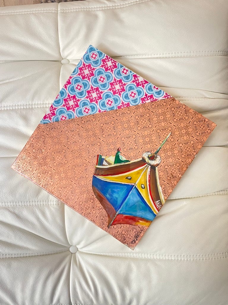 Hand-painted Luzzu boat and tile wood hanging board - Mediterranean home decor by Bonnymia