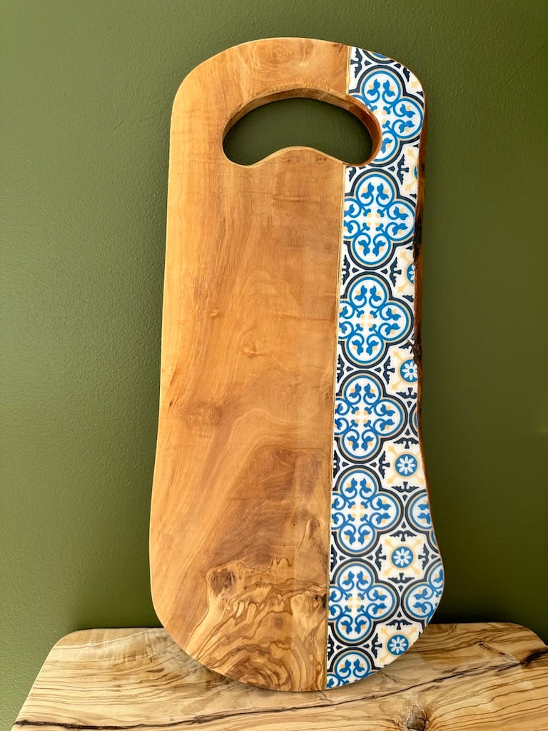 Nanna Blue tile painted-effect rustic olive wood charcuterie board - Mediterranean home decor by Bonnymia