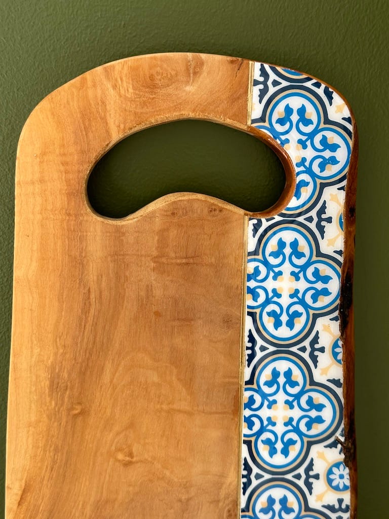 Nanna Blue tile painted-effect rustic olive wood charcuterie board - Mediterranean home decor by Bonnymia