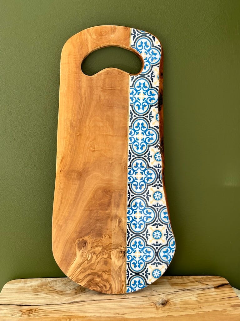Nanna Blue tile painted-effect rustic olive wood charcuterie board - Mediterranean home decor by Bonnymia