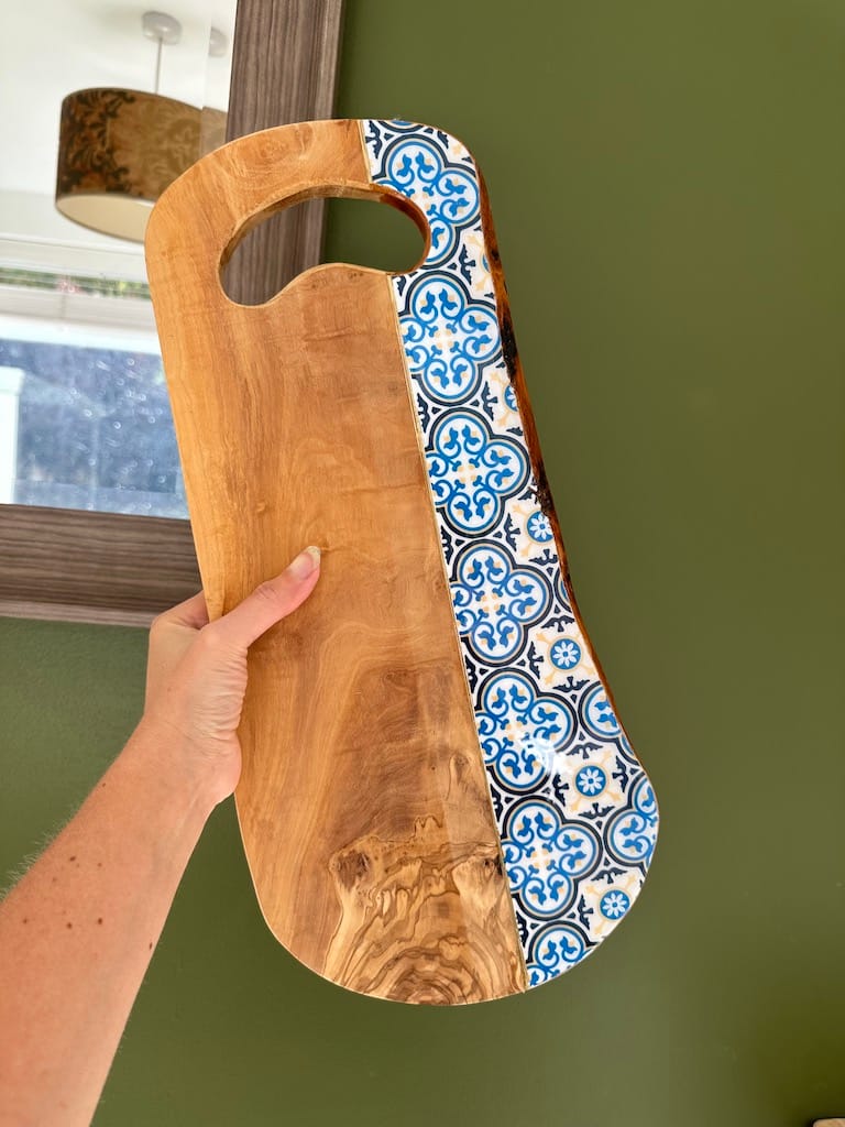 Nanna Blue tile painted-effect rustic olive wood charcuterie board - Mediterranean home decor by Bonnymia