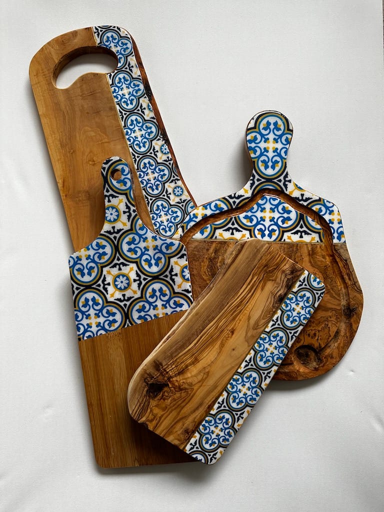Nanna Blue tile painted-effect rustic olive wood charcuterie board - Mediterranean home decor by Bonnymia