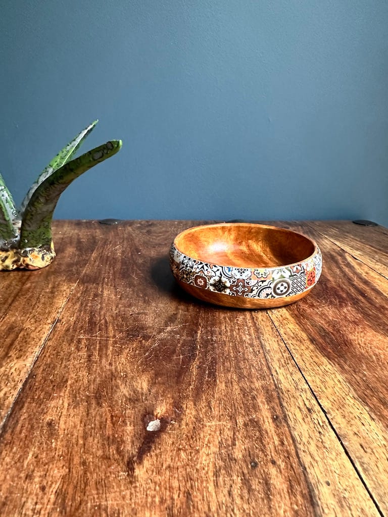 Autumn Mix tile painted-effect monkey pod wood snack bowl - Mediterranean home decor by Bonnymia