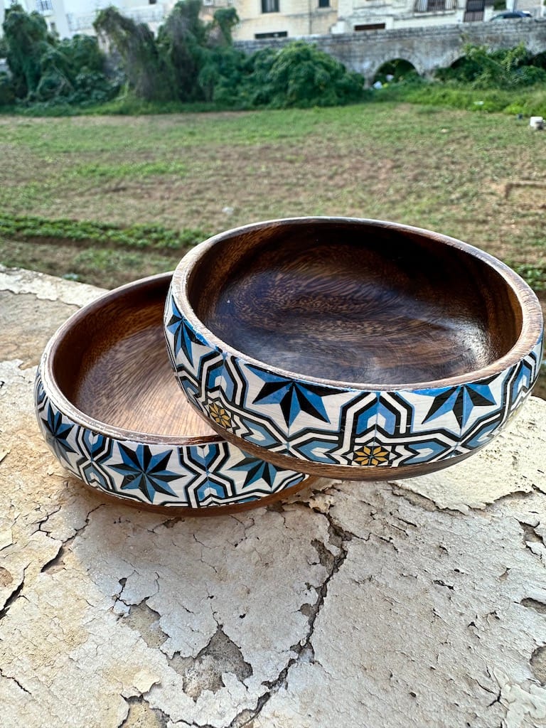 Loire Star tile painted-effect monkey pod wood snack bowl - Mediterranean home decor by Bonnymia