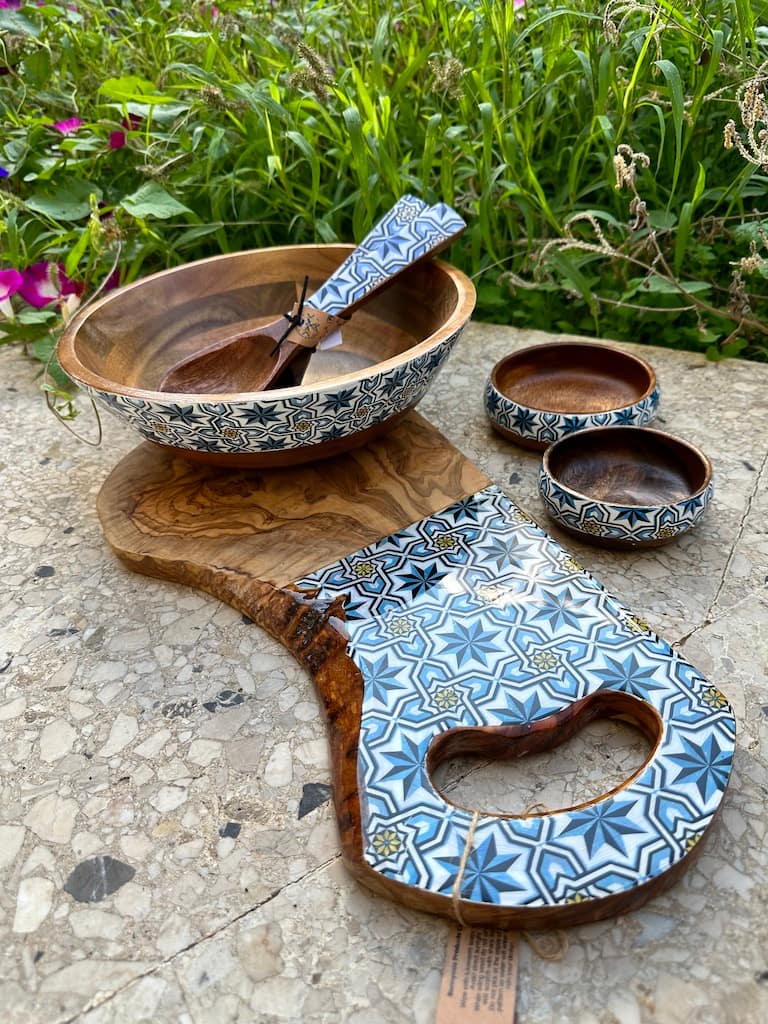 Loire Star tile painted-effect rustic olive wood charcuterie board - Mediterranean home decor by Bonnymia