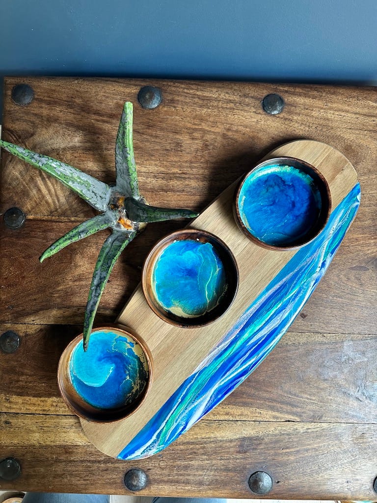 Hand-painted Wave acacia charcuterie board - Mediterranean home decor by Bonnymia