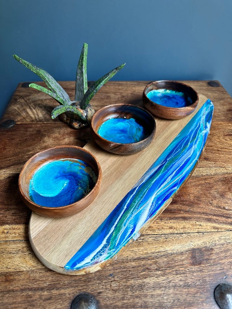 Hand-painted Wave acacia charcuterie board - Mediterranean home decor by Bonnymia