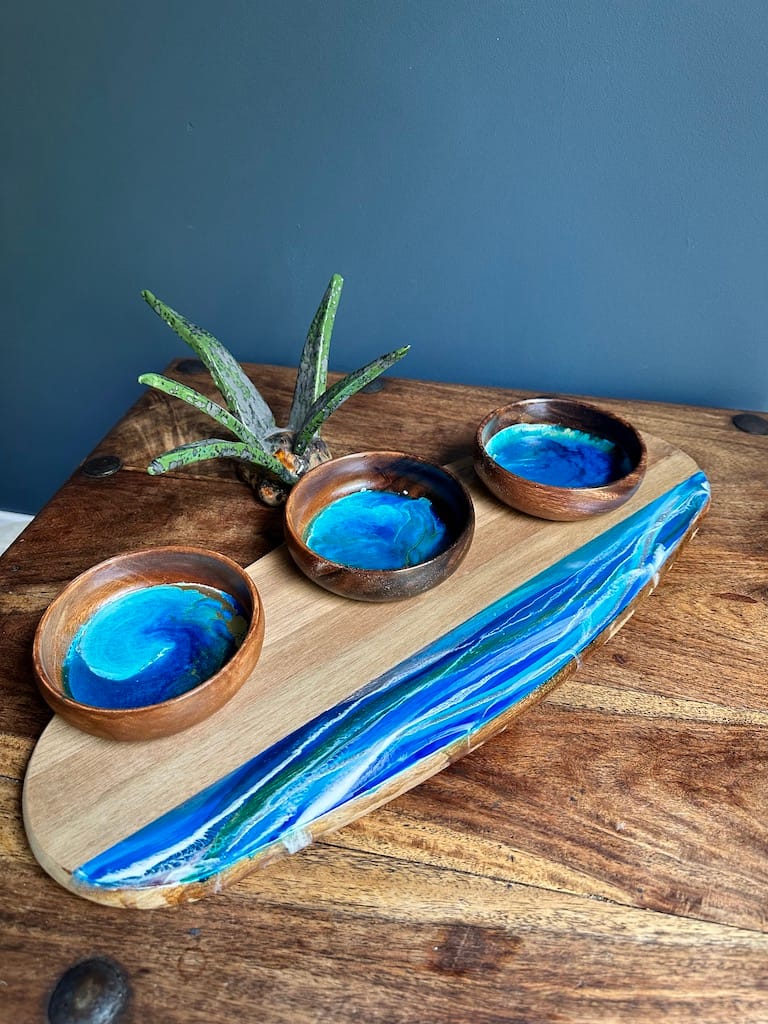 Hand-painted Wave acacia charcuterie board - Mediterranean home decor by Bonnymia