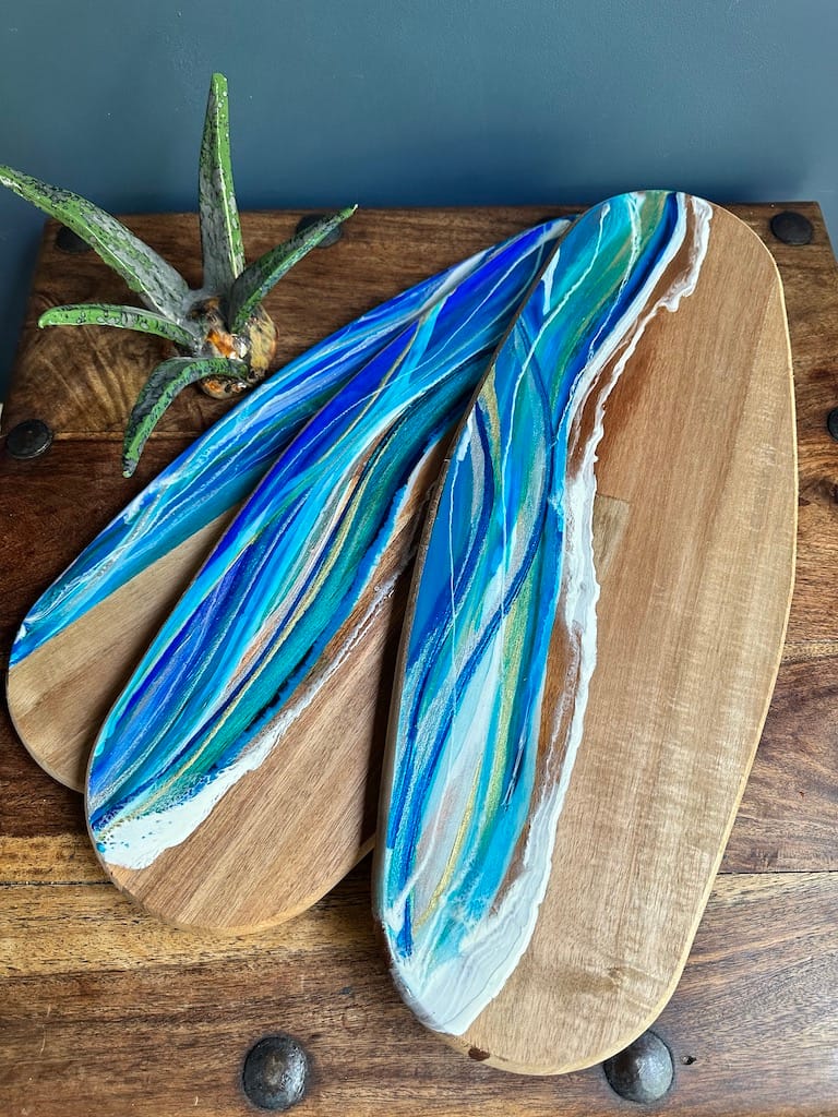 Hand-painted Wave acacia charcuterie board - Mediterranean home decor by Bonnymia