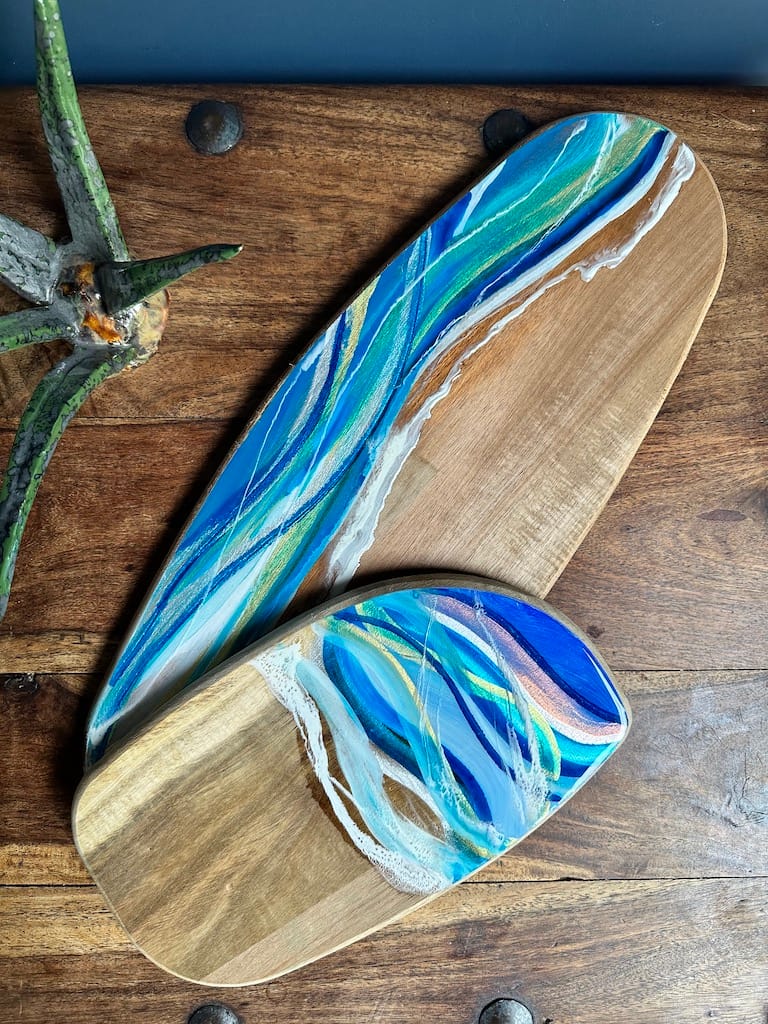 Hand-painted Wave acacia charcuterie board - Mediterranean home decor by Bonnymia