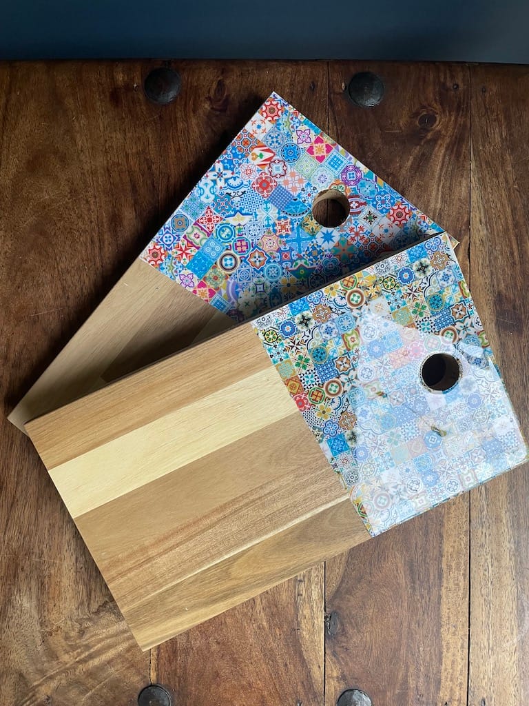 Bright Blue Mix tile painted-effect acacia wood charcuterie board - Mediterranean home decor by Bonnymia