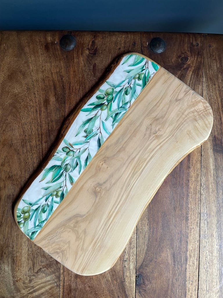 Olive Branch painted-effect olive wood charcuterie board - Mediterranean home decor by Bonnymia