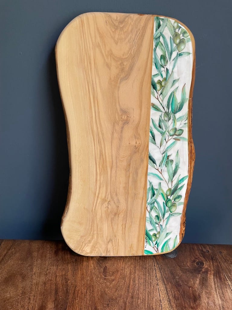 Olive Branch painted-effect olive wood charcuterie board - Mediterranean home decor by Bonnymia