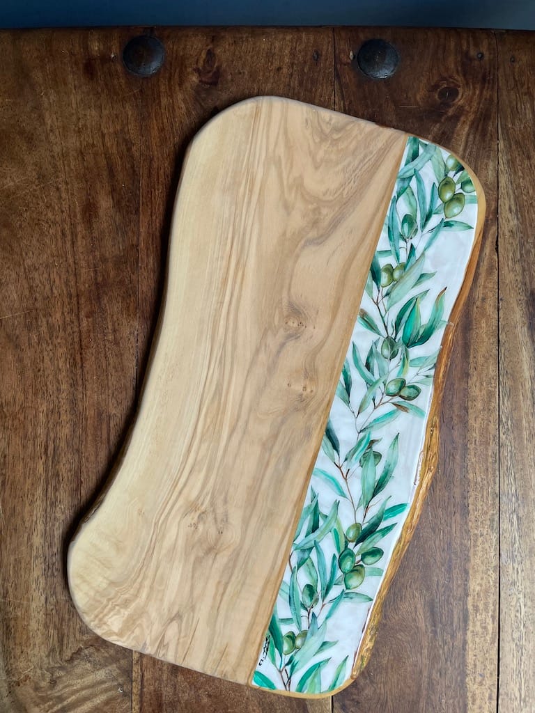 Olive Branch painted-effect olive wood charcuterie board - Mediterranean home decor by Bonnymia