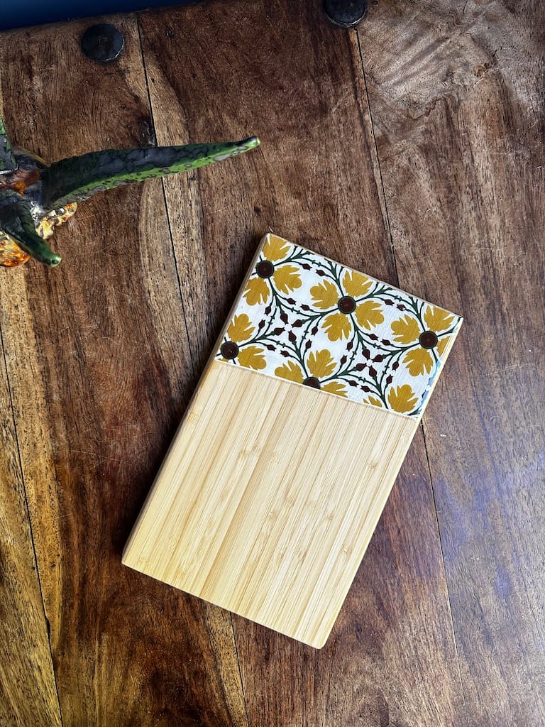 Yellow Flower tile painted-effect bamboo tapas board - Mediterranean home decor by Bonnymia