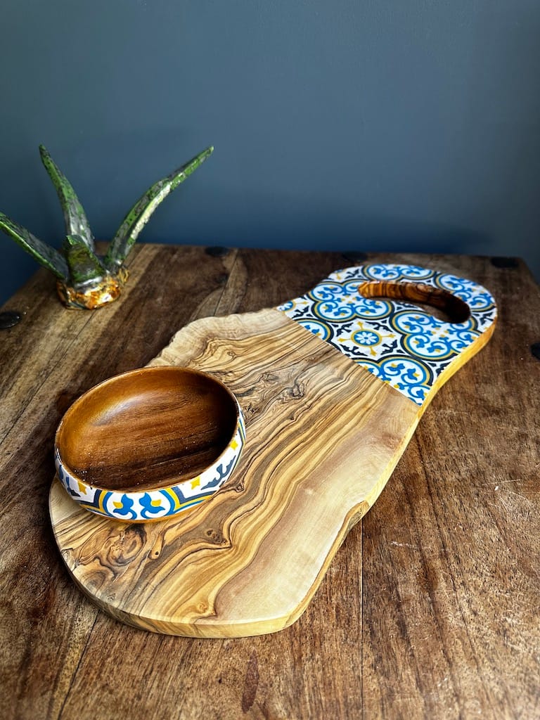 Nanna Blue tile painted-effect rustic olive wood charcuterie board - Mediterranean home decor by Bonnymia