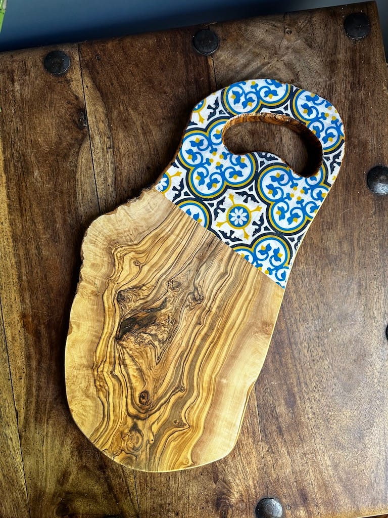 Nanna Blue tile painted-effect rustic olive wood charcuterie board - Mediterranean home decor by Bonnymia