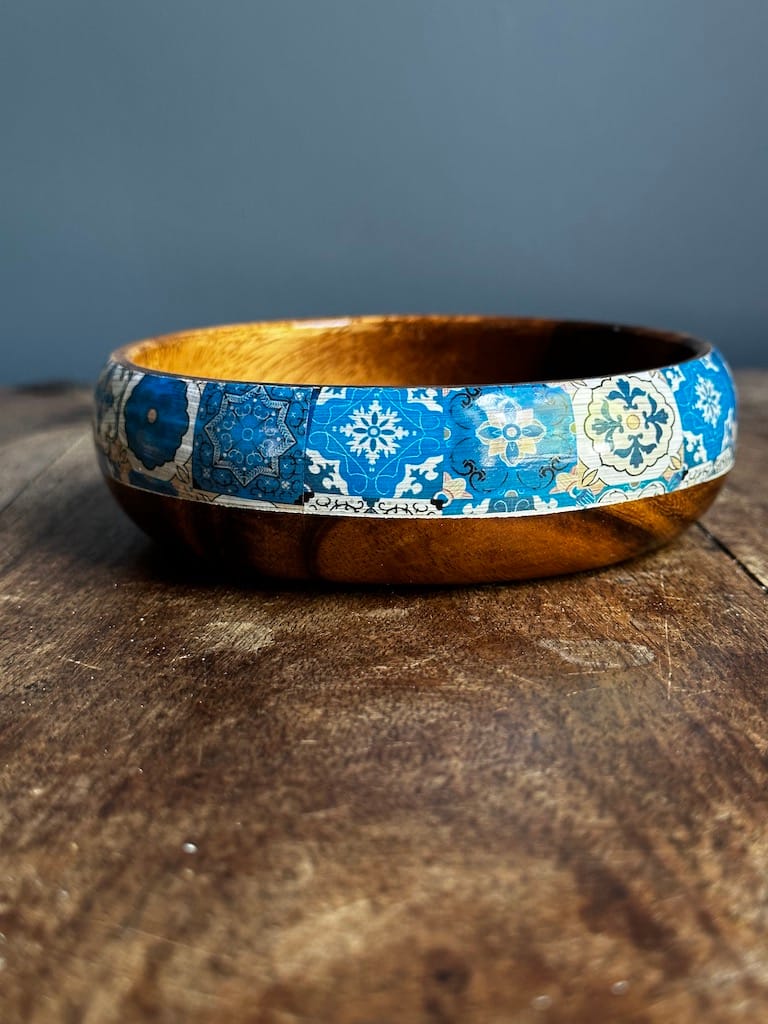 Blue Mix tile painted-effect and wave acacia snack bowl - Mediterranean home decor by Bonnymia