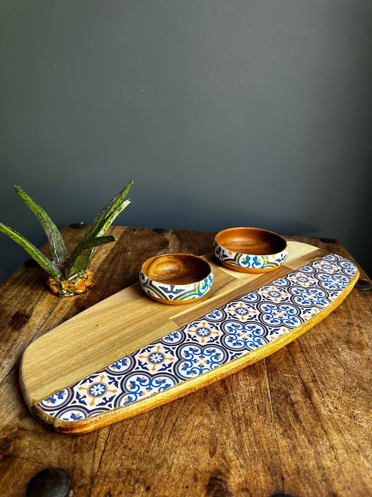 Nanna Blue tile painted-effect acacia wood mini snack bowl - Mediterranean home decor by Bonnymia