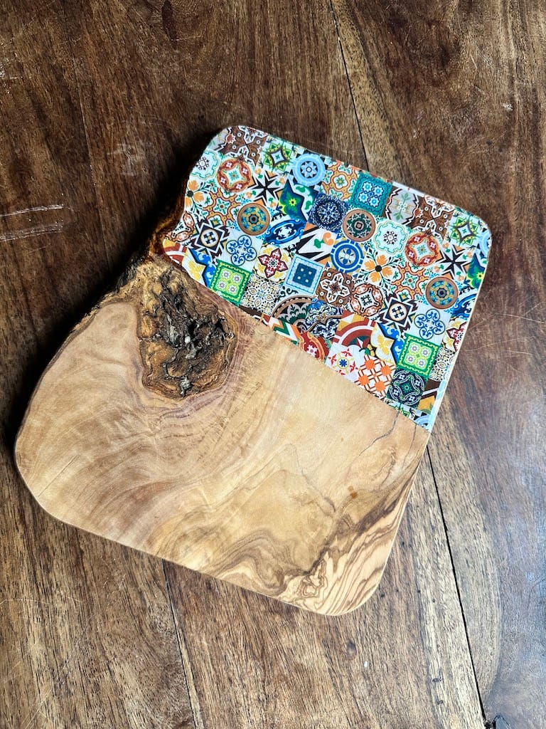 Mix tile painted-effect olive wood tapas charcuterie board - Mediterranean home decor by Bonnymia