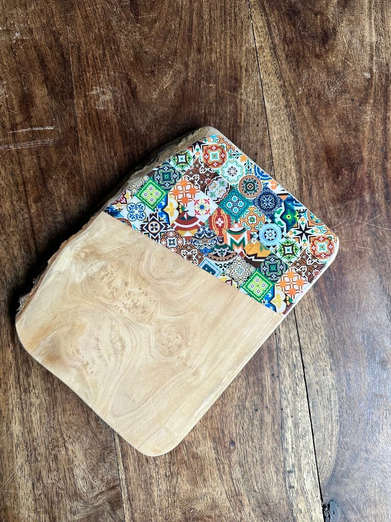 Mix tile painted-effect olive wood tapas charcuterie board - Mediterranean home decor by Bonnymia