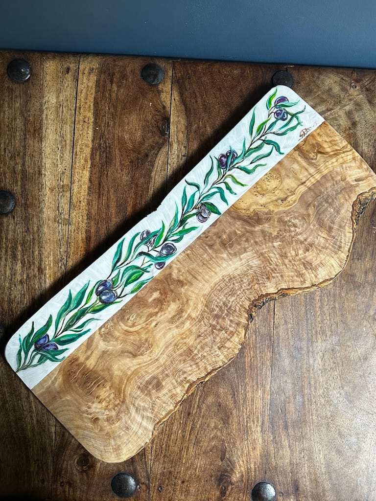 Olive Branch hand-painted olive wood board - Mediterranean home decor by Bonnymia