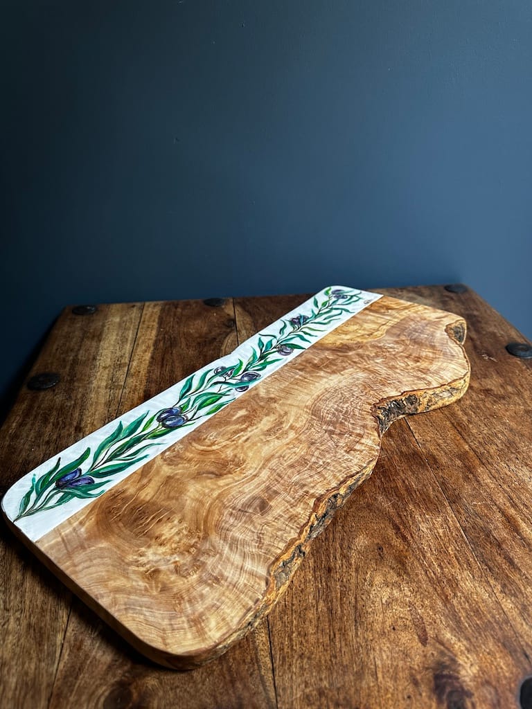 Olive Branch hand-painted olive wood board - Mediterranean home decor by Bonnymia