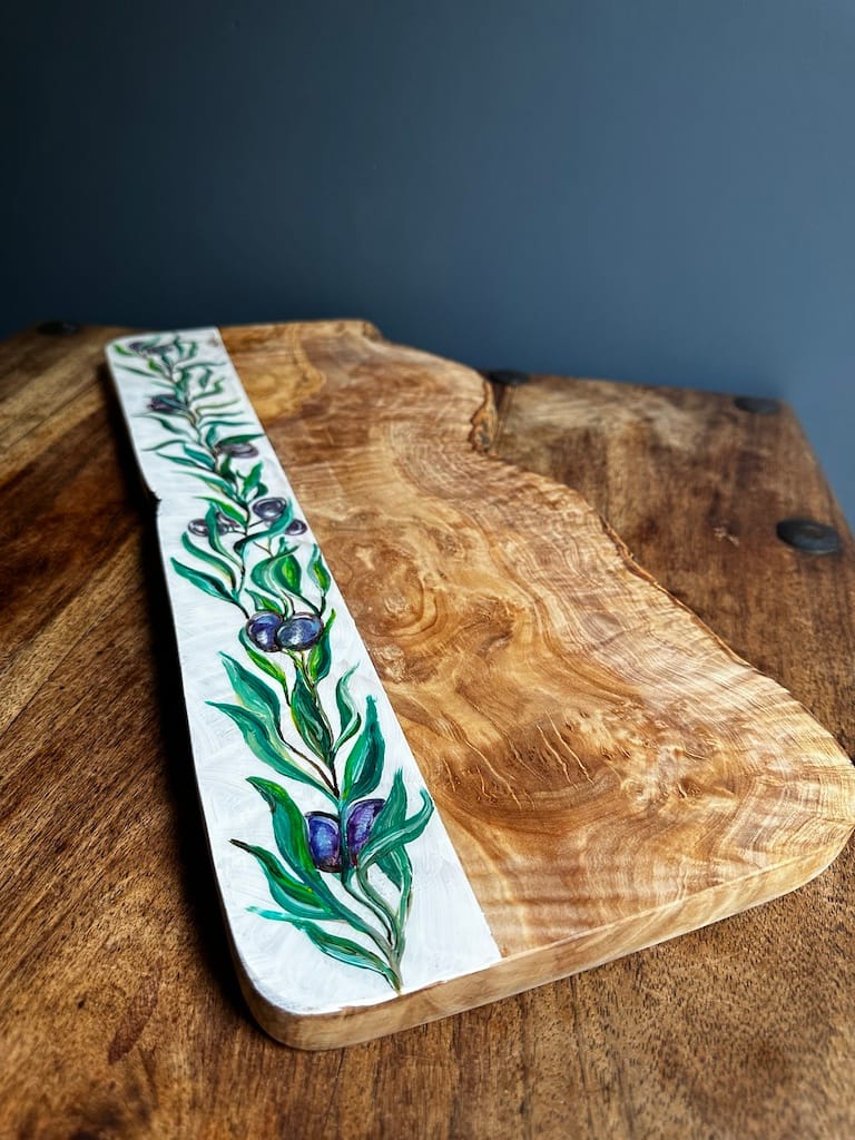 Olive Branch hand-painted olive wood board - Mediterranean home decor by Bonnymia