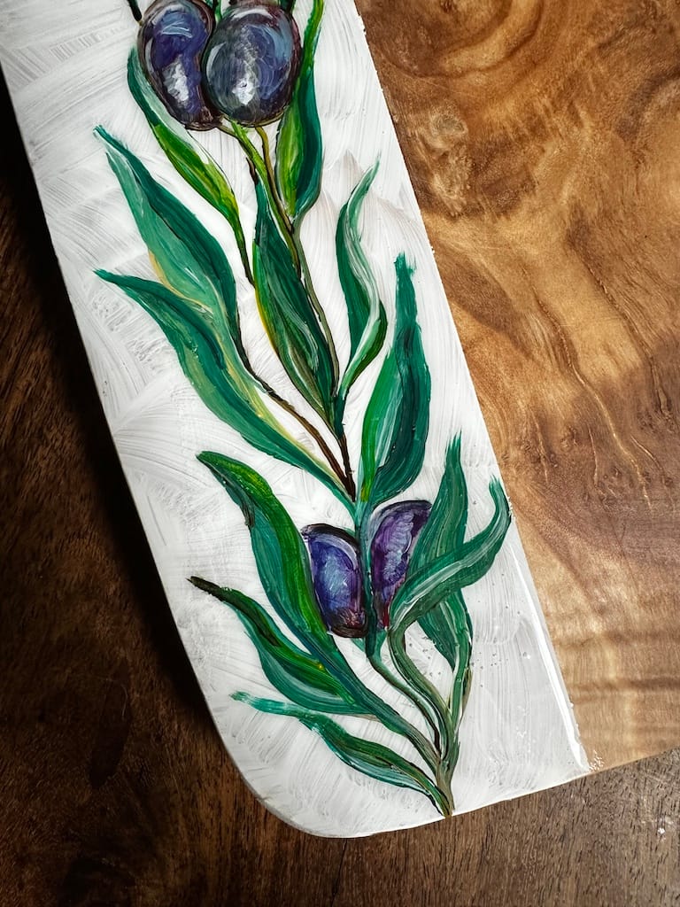 Olive Branch hand-painted olive wood board - Mediterranean home decor by Bonnymia