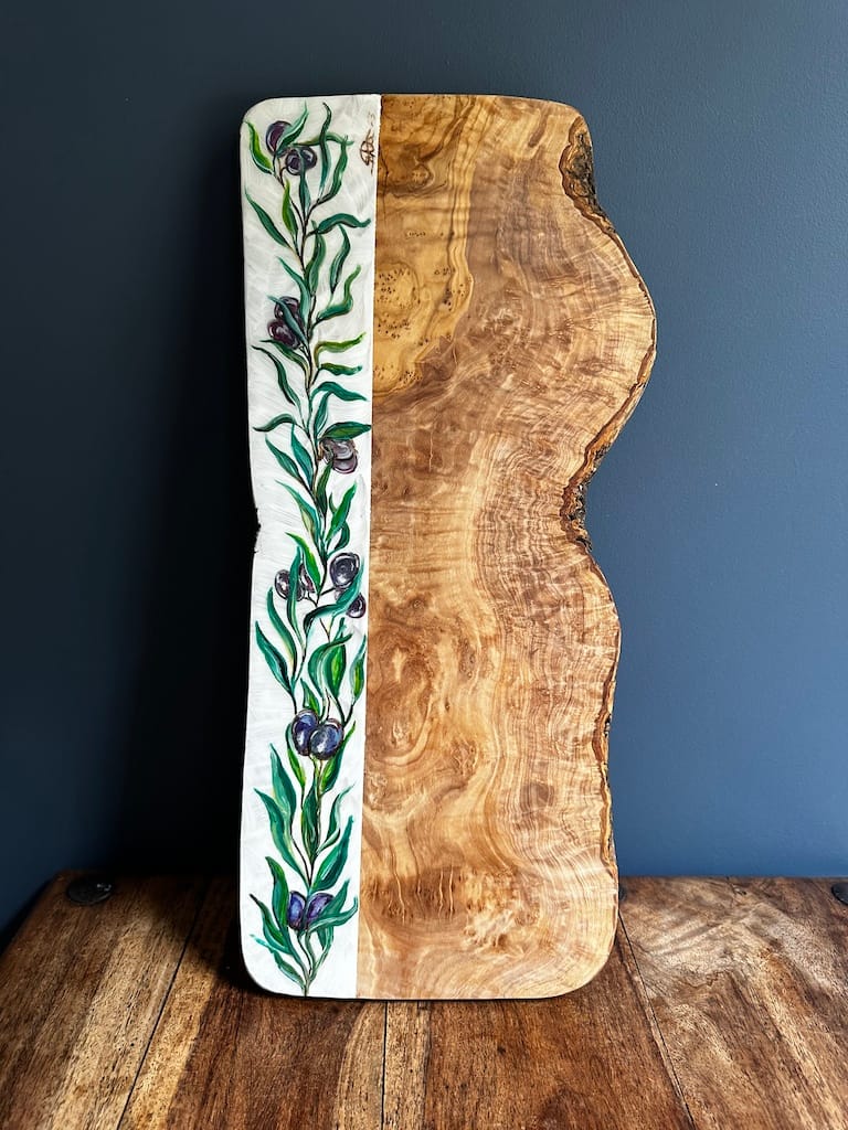 Olive Branch hand-painted olive wood board - Mediterranean home decor by Bonnymia