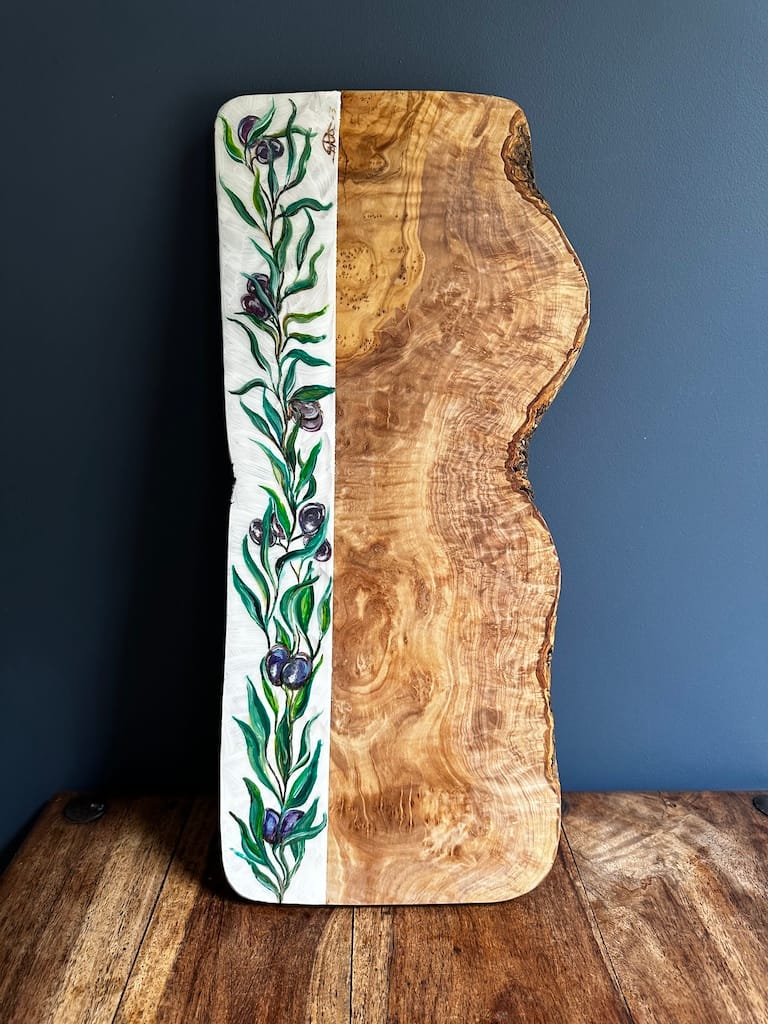 Olive Branch hand-painted olive wood board - Mediterranean home decor by Bonnymia