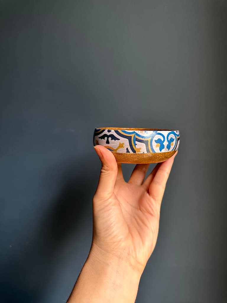 Nanna Blue tile painted-effect acacia wood mini snack bowl - Mediterranean home decor by Bonnymia