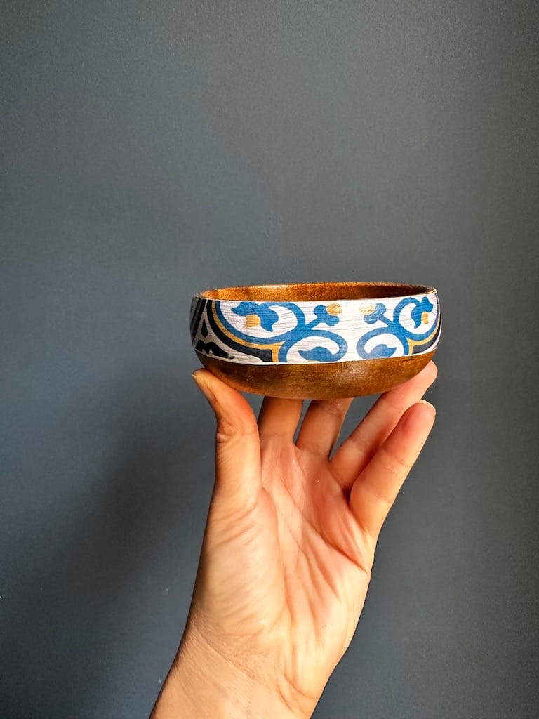 Nanna Blue tile painted-effect acacia wood mini snack bowl - Mediterranean home decor by Bonnymia